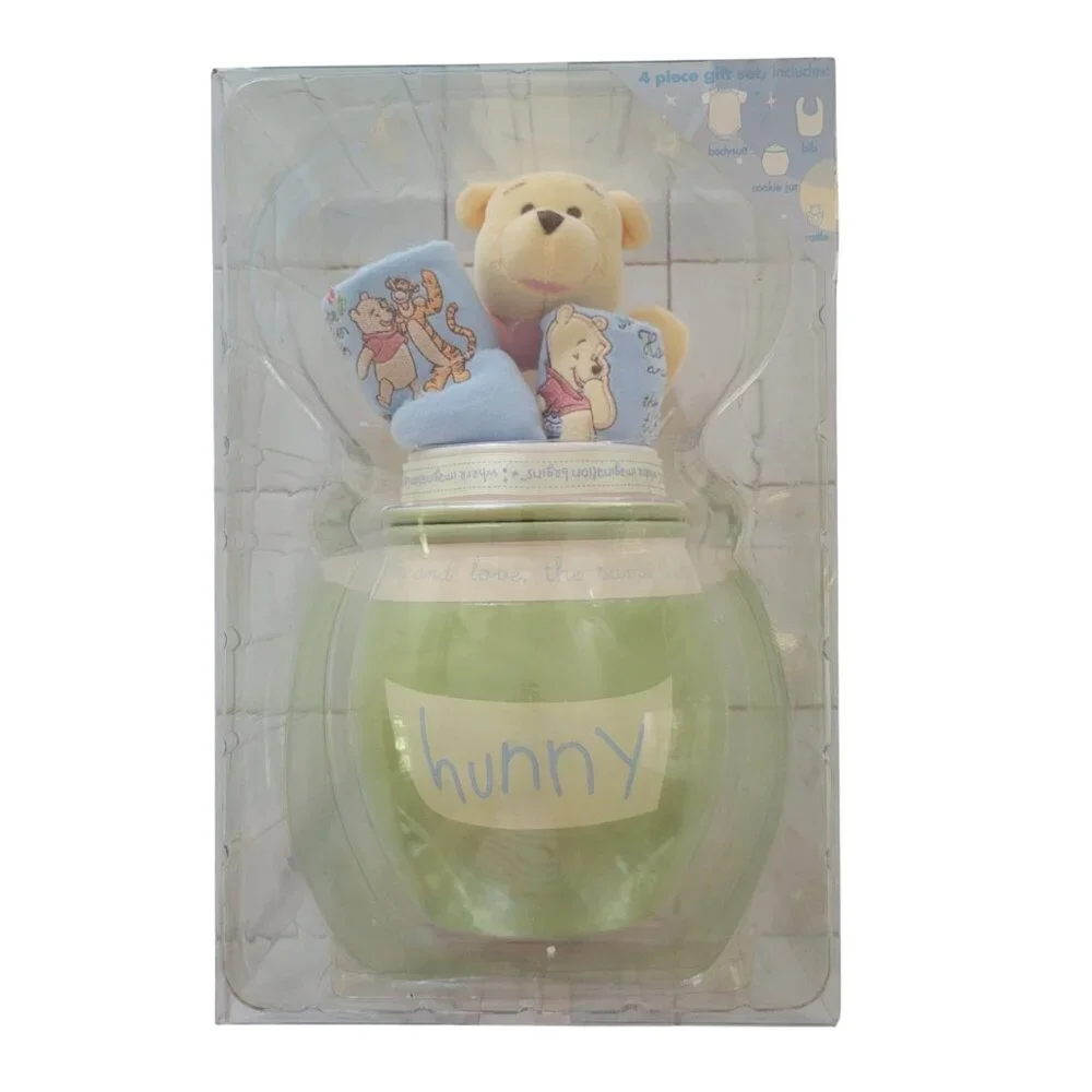 Disney Winnie‎ The Pooh Baby Gift Set Bodysuit Bib Cookie Jar Rattle Hunny Pot